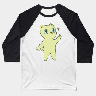 Cute green cat illustration magic wand Baseball T-Shirt